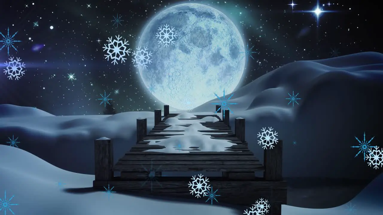 Animation of white christmas snowflakes falling at night with full moon and snow covered bridge