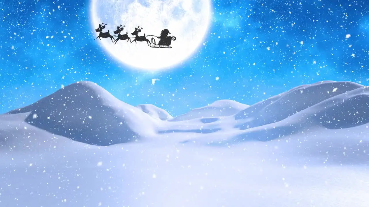 Digital animation of snow falling over winter landscape and silhouette of santa claus in sleigh