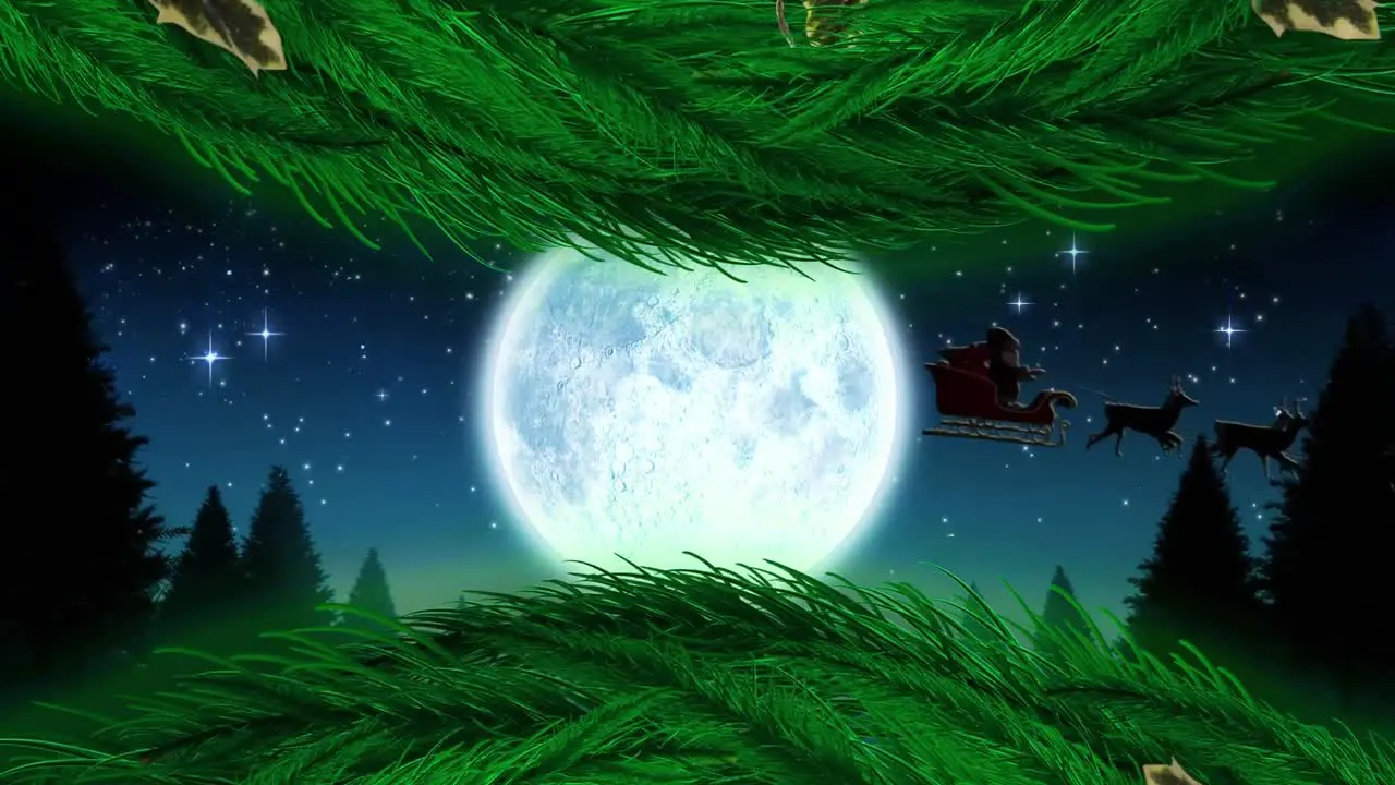 Digital animation of christmas wreath and silhouette of santa claus in sleigh being pulled by reinde