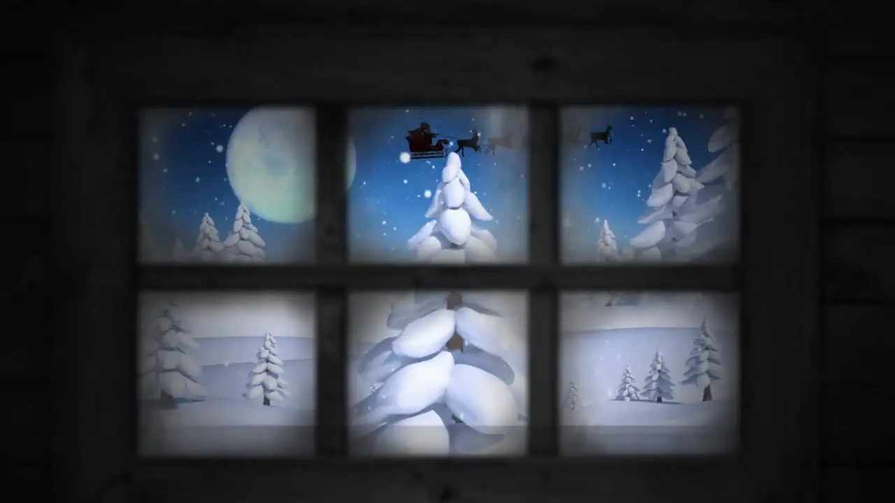 Window frame against snow falling over multiple trees on winter landscape against moon in night sky