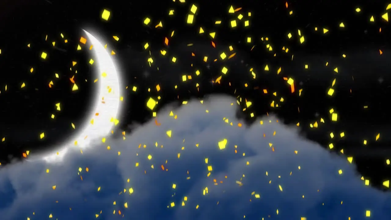 Animation of confetti falling over christmas winter scenery with crescent moon