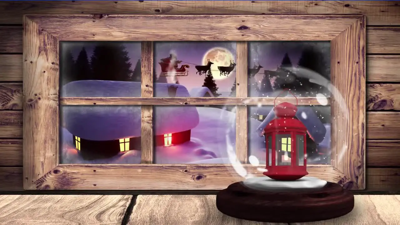 Animation of snow globe silhouette of santa claus in sleigh