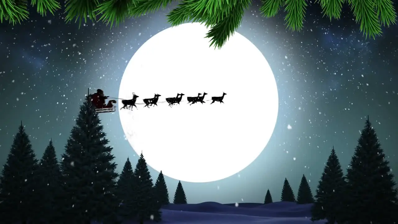 Digital animation of snow falling over winter landscape and silhouette of santa claus in sleigh bein