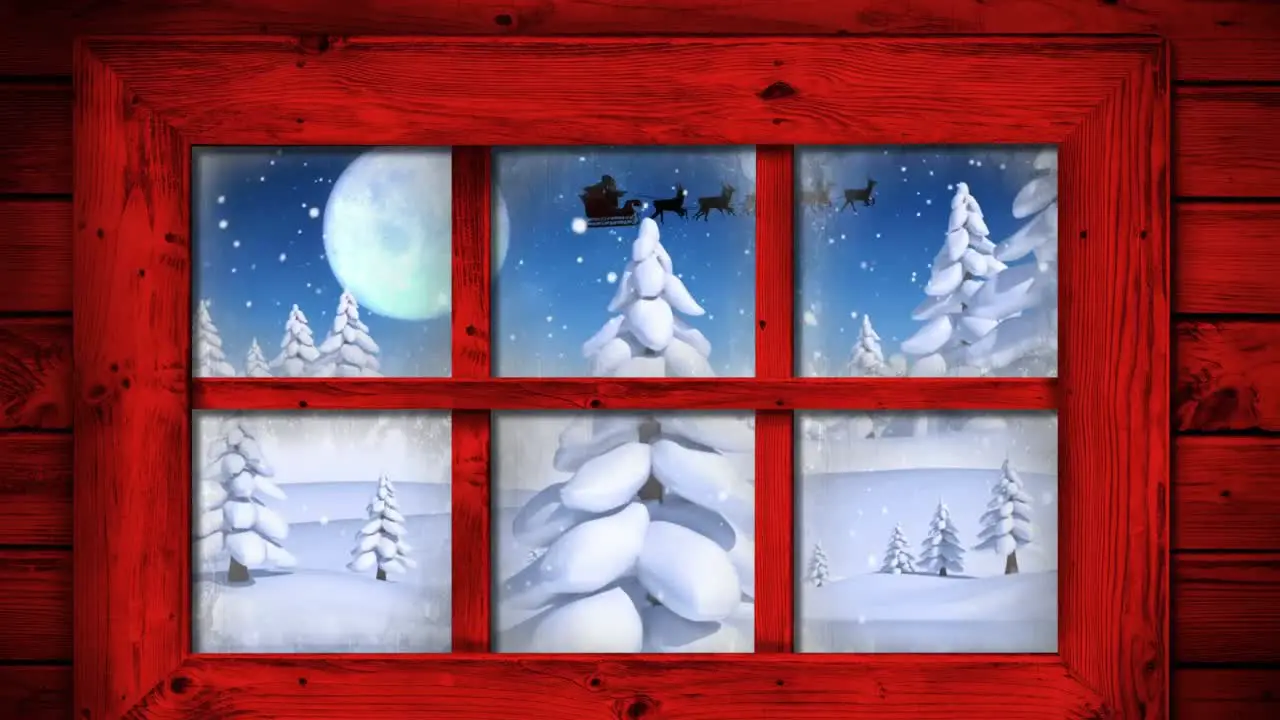 Red wooden window frame against multiple trees on winter landscape against moon in the night sky