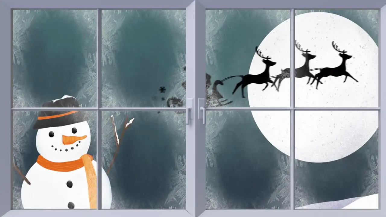 Animation of snowman silhouette of santa claus in sleigh being pulled by reindeer and winter christ