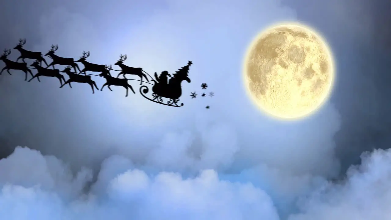 Animation of christmas winter scenery with santa claus in sleigh and full moon