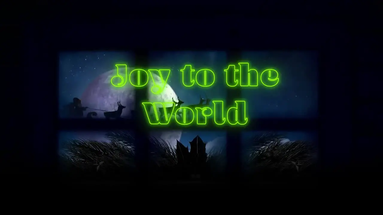 Animation of joy to the world text over santa claus in sleigh and full moon