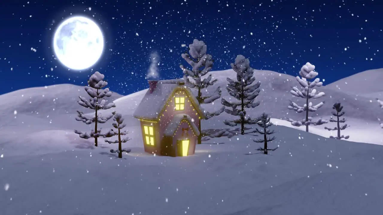 Animation of christmas cottage and trees in snow at night with full moon and falling snow