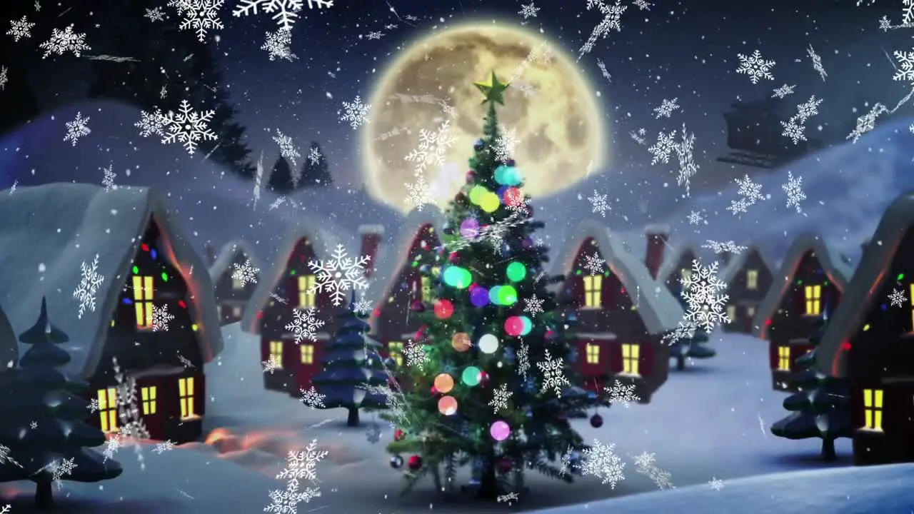 Digital animation of snow flakes falling over christmas tree and multiple houses on winter landscape