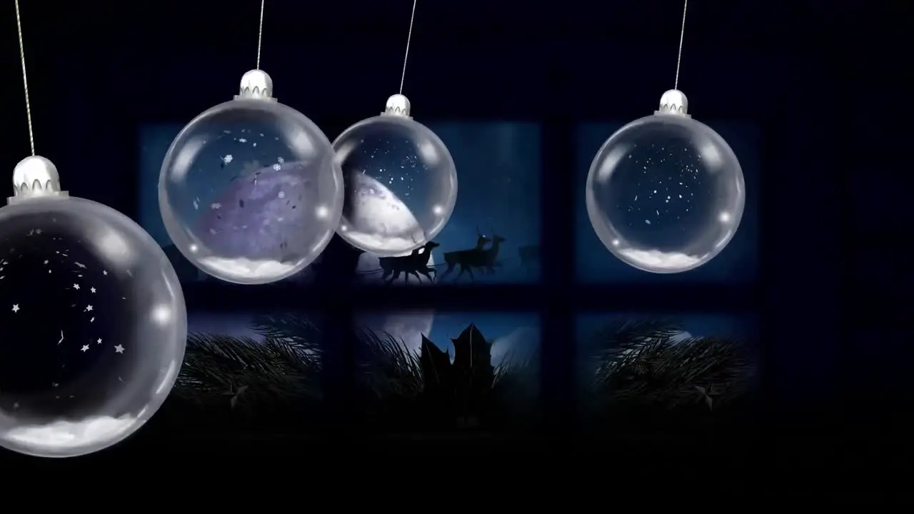 Animation of christmas baubles dangling over santa claus in sleigh and full moon seen through window