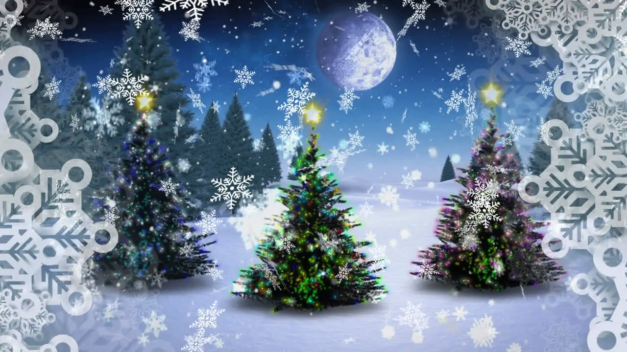 Digital animation of snowflakes falling over three christmas trees on winter landscape against moon 