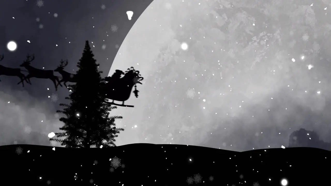 Animation of snow falling over christmas sant claus full moon and winter scenery