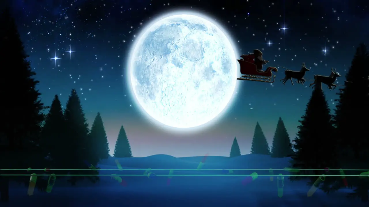 Coloured christmas string lights flashing over winter scene with santa passing full moon in sleigh