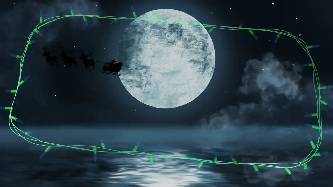 Blue christmas string lights flashing over winter scene with santa passing full moon in sleigh