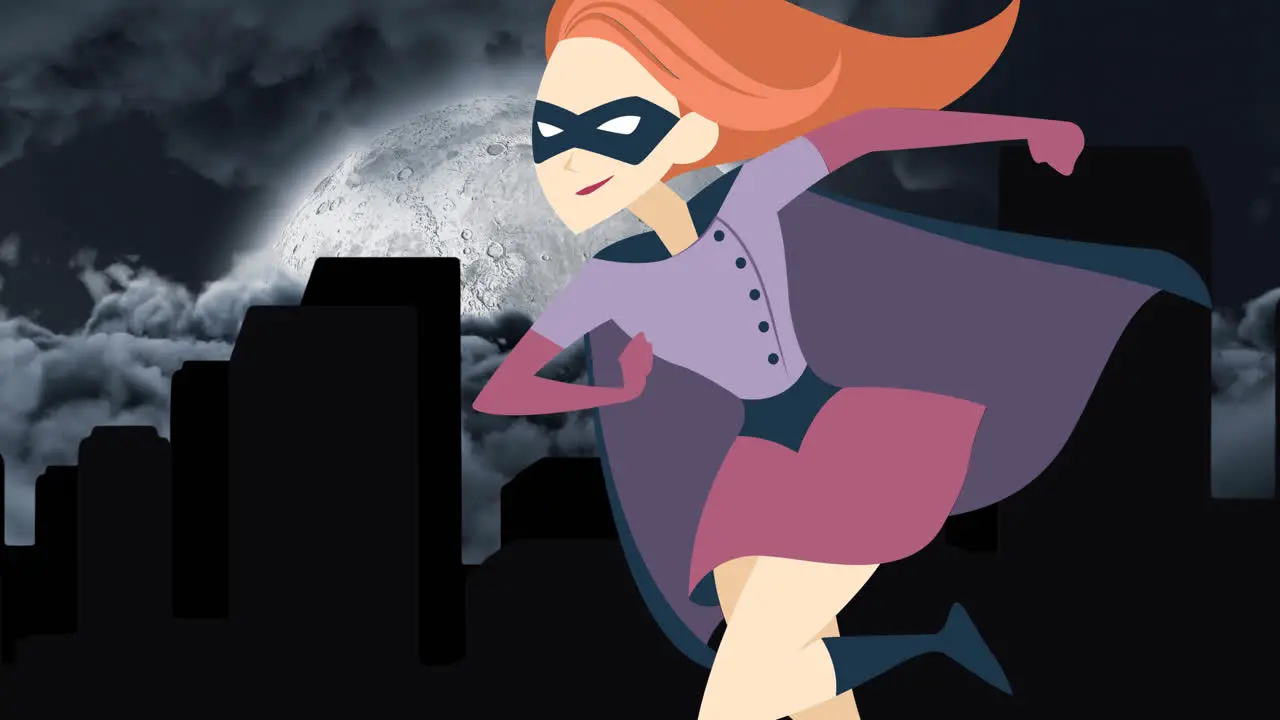 Digital animation of female superhero icon over tall buildings against moon in night sky