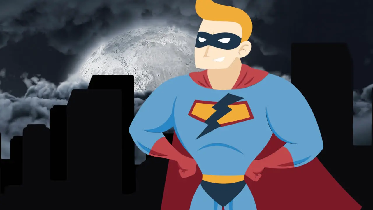 Digital animation of male superhero icon over silhouette of tall buildings against moon in night sky