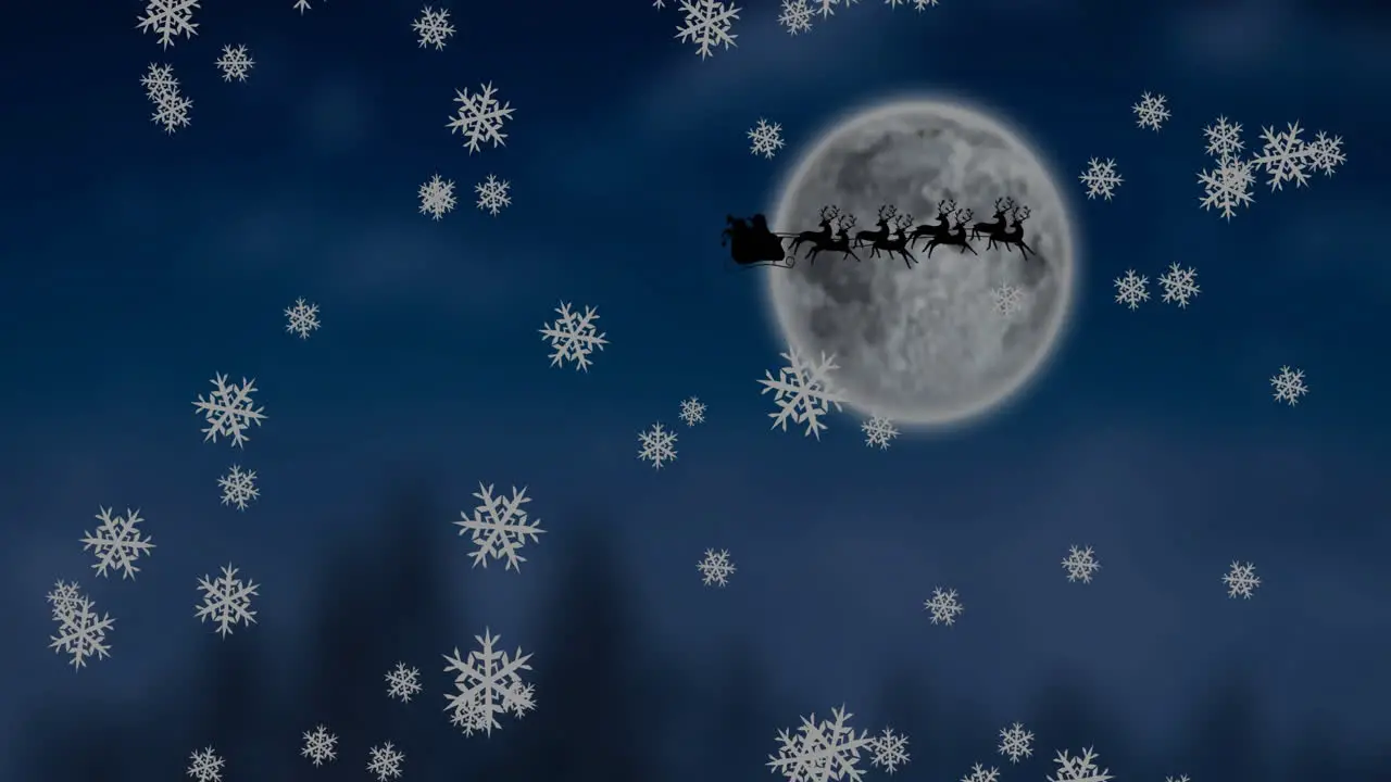 Animation of snow falling over santa claus in sleigh and full moon