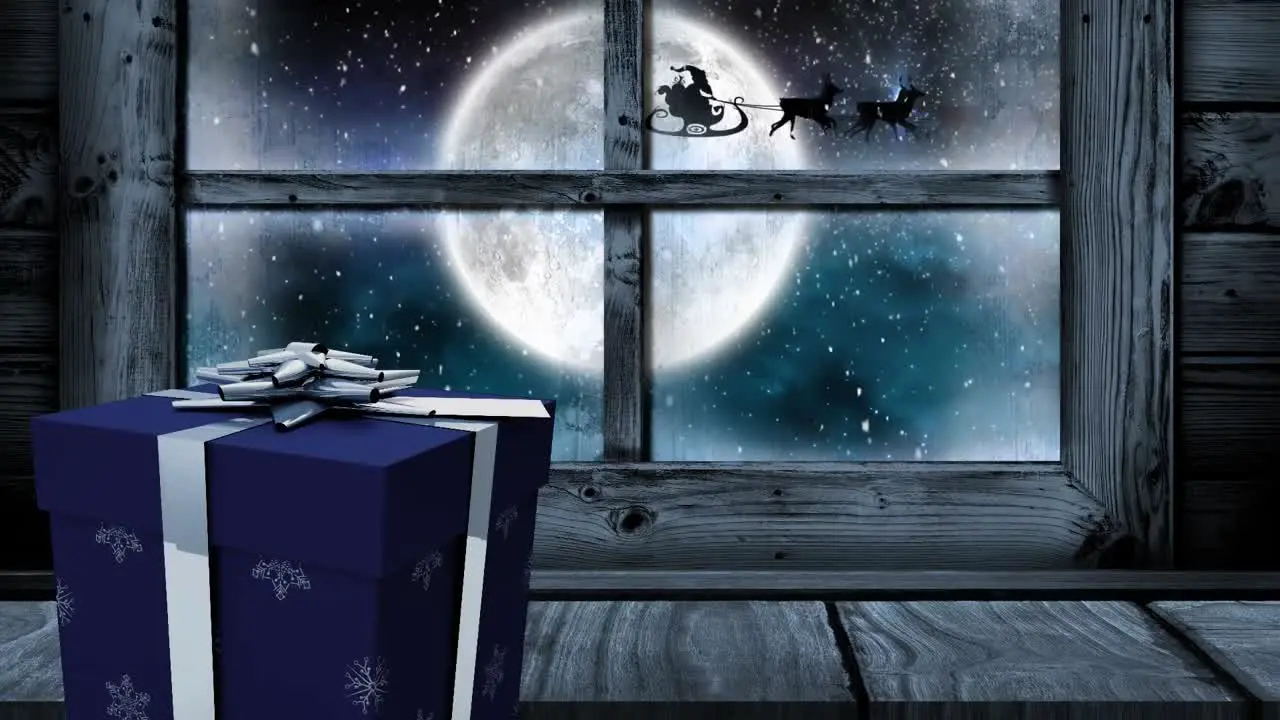 Animation of christmas gift and window with falling snow full moon and santa's sleigh outside