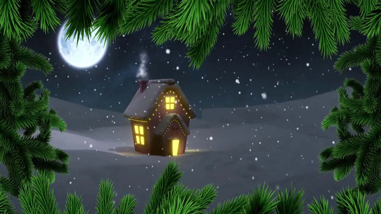 Animation of christmas fir tree branches full moon snow and house in winter scenery