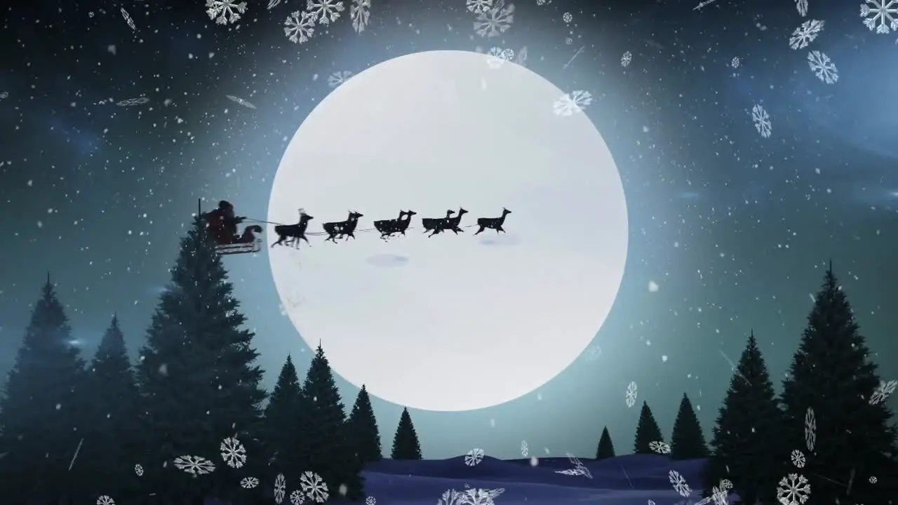 Digital animation of snow flakes falling over winter landscape and black silhouette of santa claus