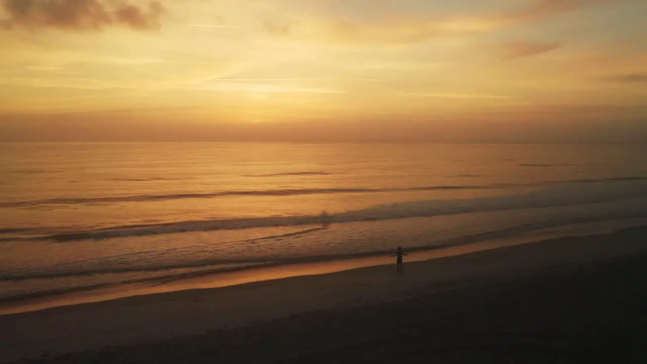 Aerial silhouette of person doing jumping jacks on a beach during golden hour