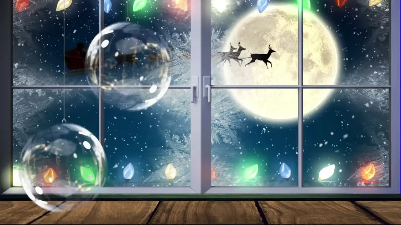 Animation of glass baubles and fairy lights over silhouette of santa claus in sleigh