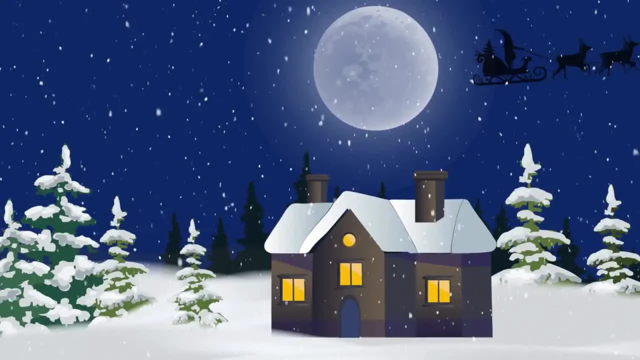 Digital animation of snow falling over winter landscape and black silhouette of santa claus