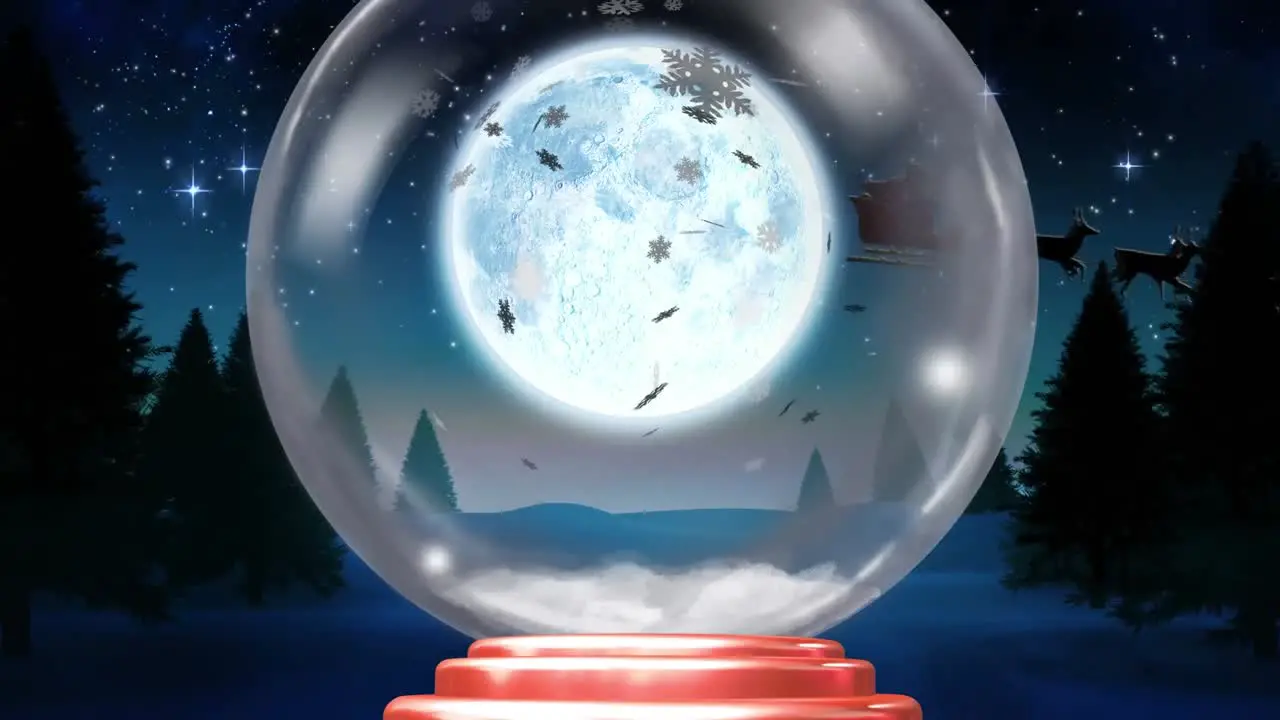 Animation of christmas snow globe with santa claus in sleigh full moon and snow falling