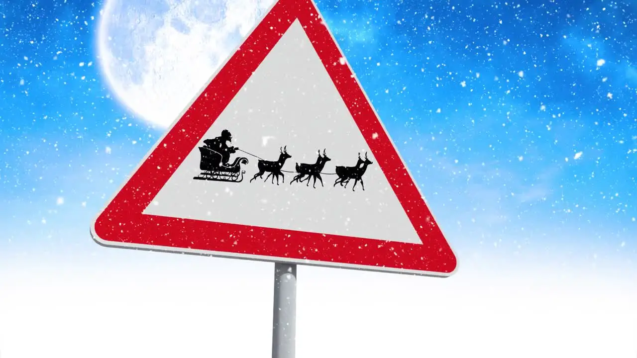 Digital animation of snow falling over black silhouette of santa claus in sleigh