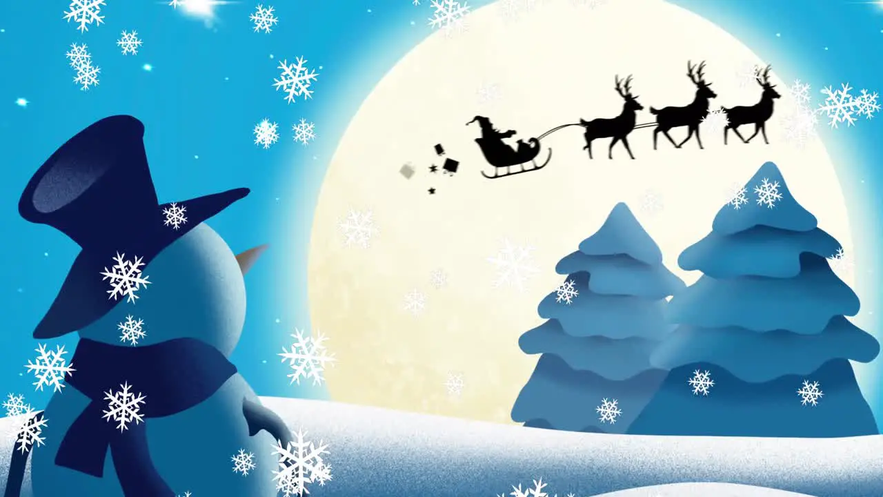 Animation of snowman looking at silhouette of santa claus in sleigh being pulled by reindeer