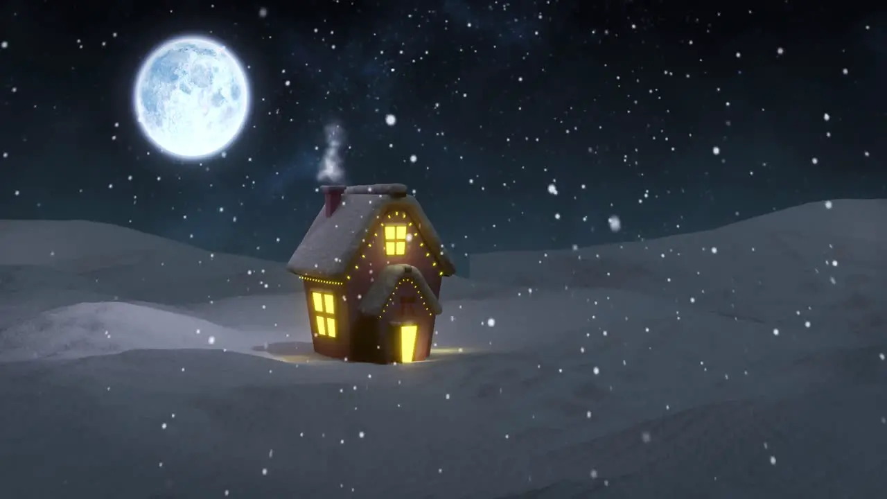 Animation of christmas cottage in winter landscape at night with full moon and falling snow