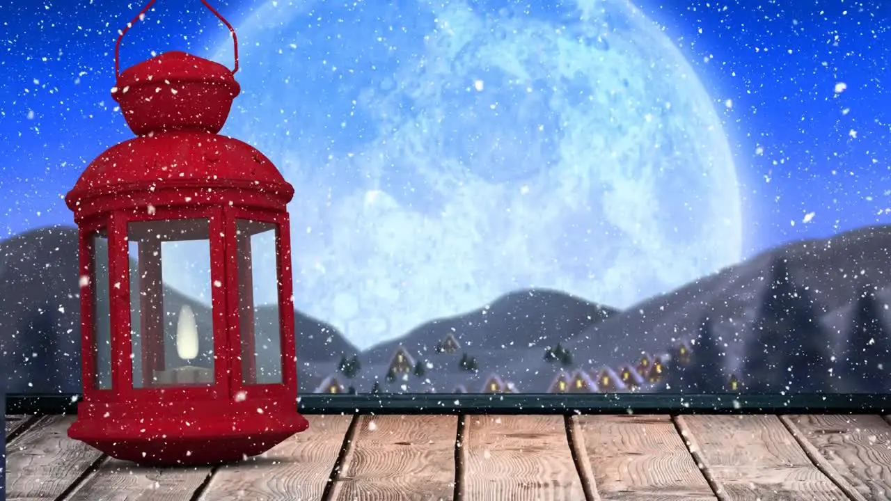 Digital animation of snow falling over christmas lamp on wooden surface against moon in night sky