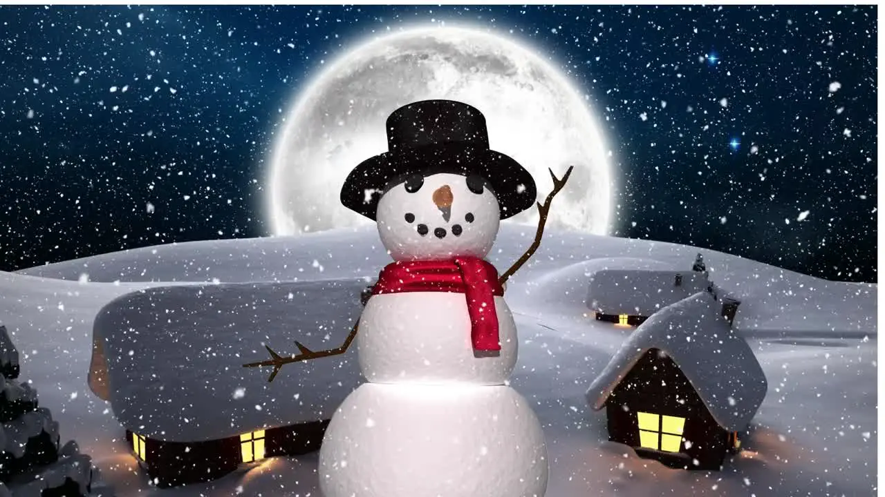 Digital animation of snow falling over male snowman on winter landscape against moon in night sky