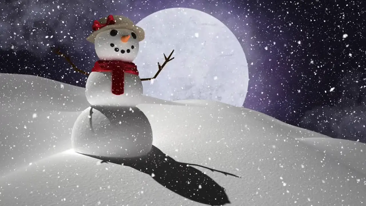 Digital animation of snow falling over female snowman on winter landscape against moon in night sky