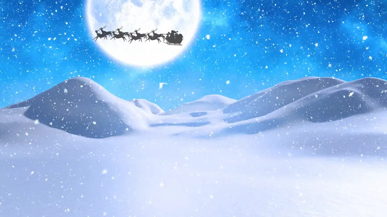 Digital animation of snow falling over winter landscape and silhouette of santa claus