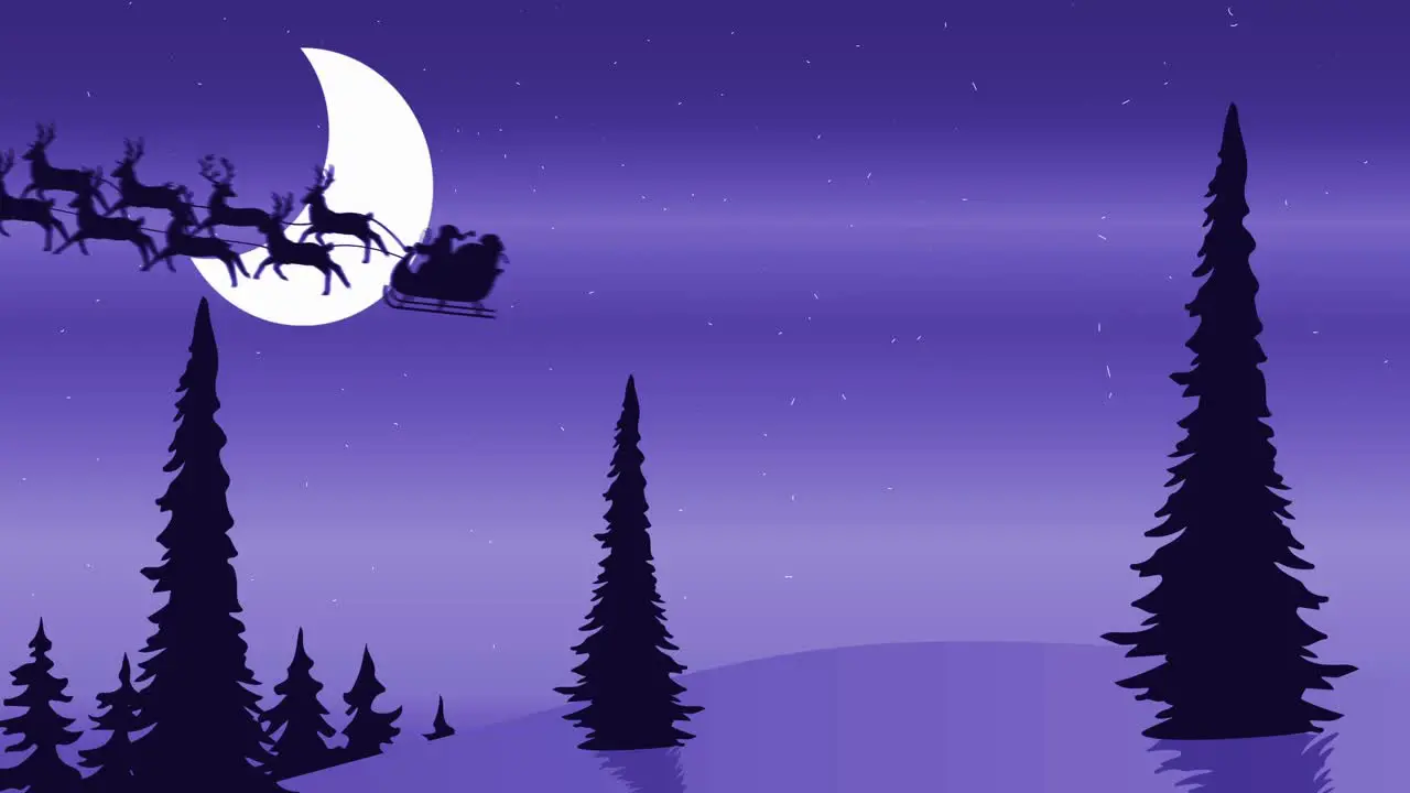 Animation of black silhouette of santa claus in sleigh being pulled by reindeers against winter land