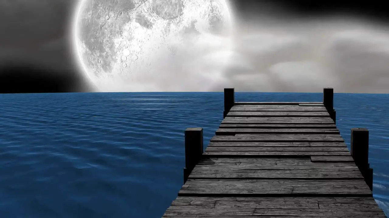 Animation of wooden hetty over sea and full moon with clouds on night sky in background