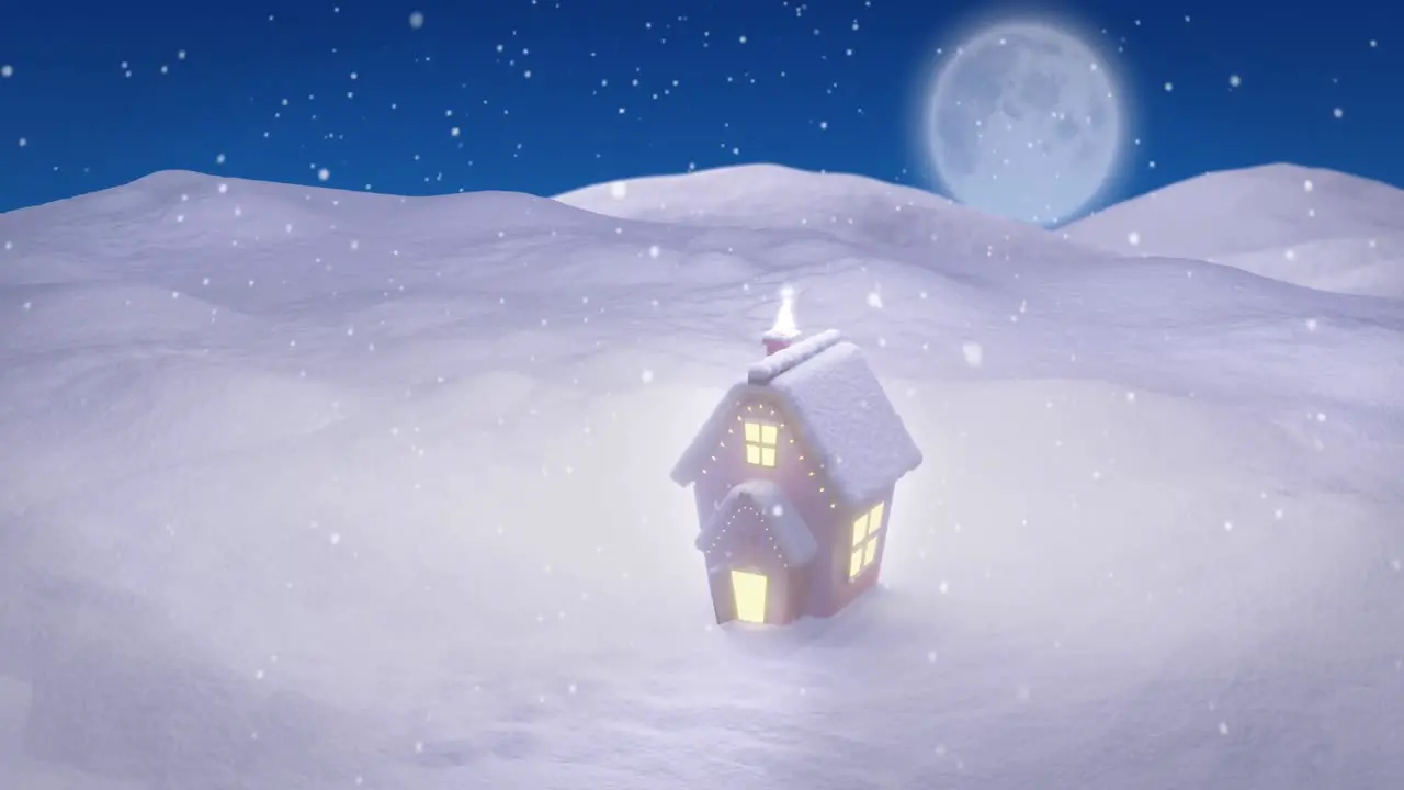 Animation of christmas cottage in winter landscape with full moon and falling snow