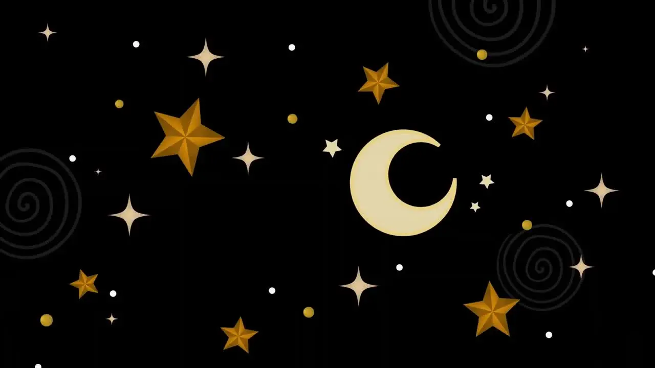 Animation of orange and yellow christmas stars and crescent moon on black background