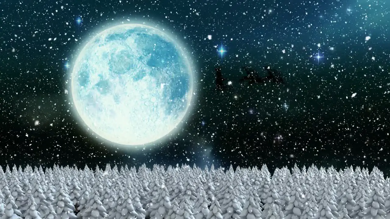 Digital animation of snow falling over black silhouette of santa claus in sleigh being pulled by rei