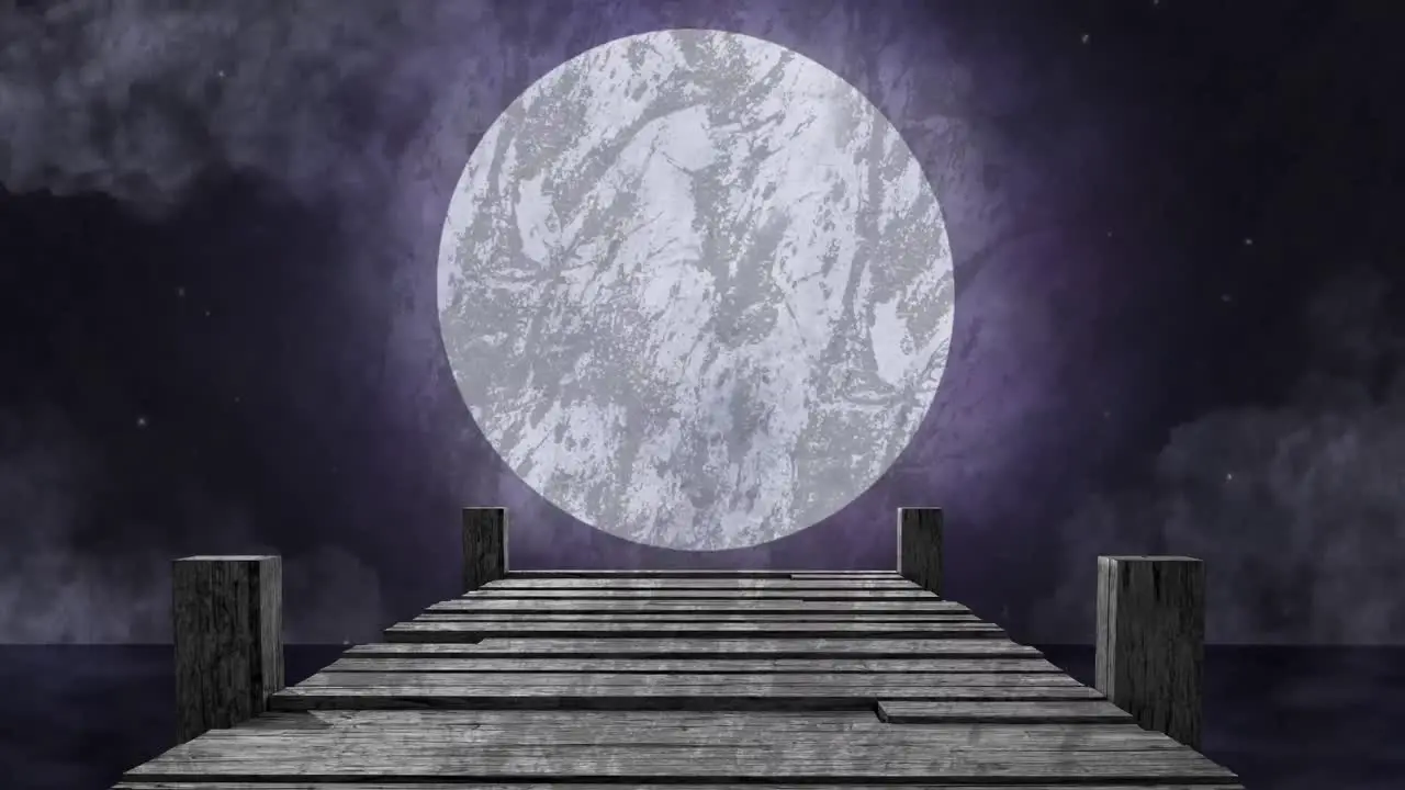 Animation of wooden jetty over sea and full moon with clouds on sky in background