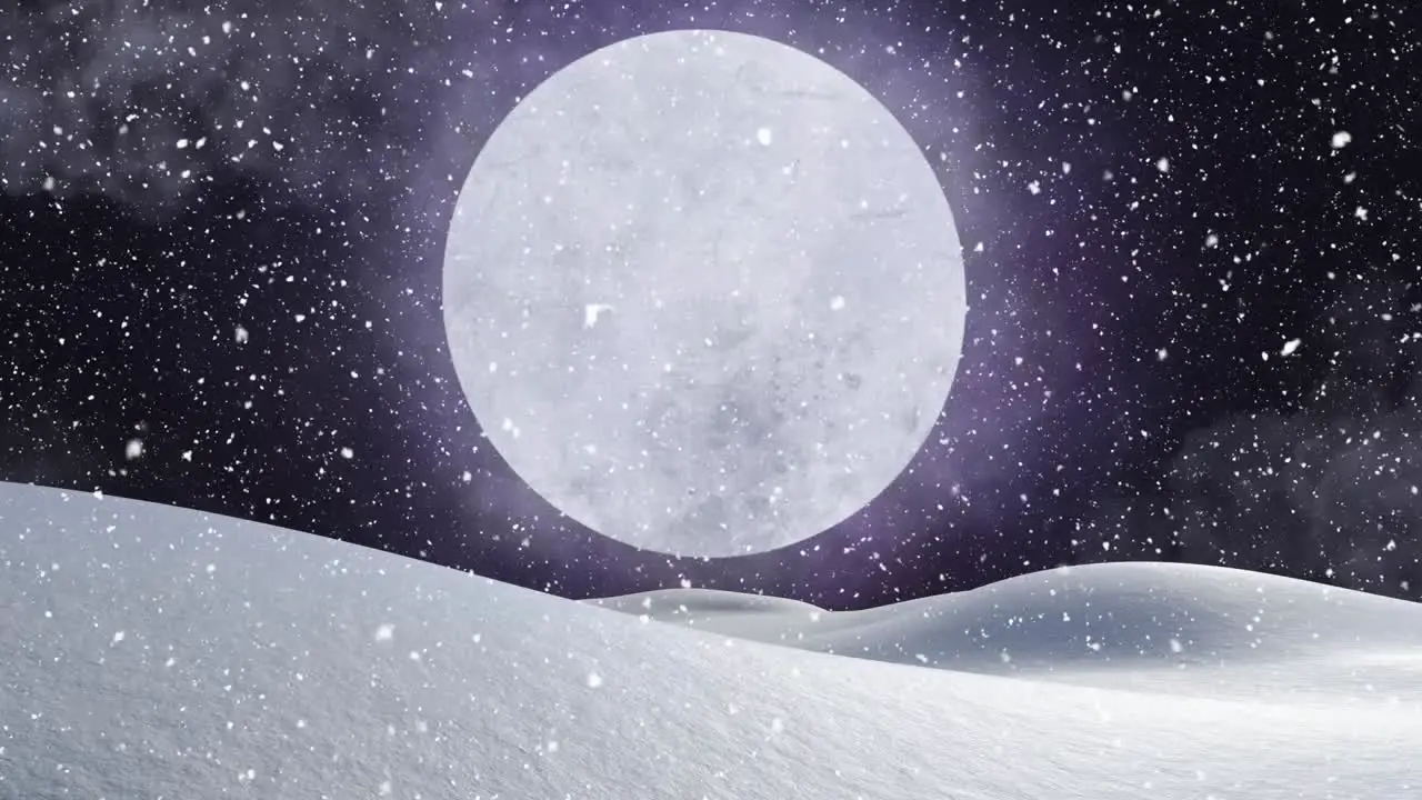 Animation of winter scenery with snow falling and full moon