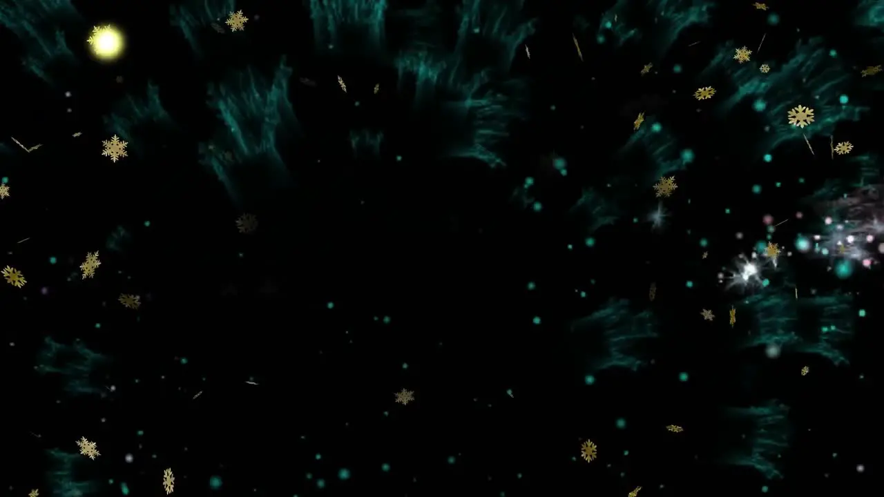 Animation of gold snowflakes falling over full moon and santa's sleigh with christmas tree border