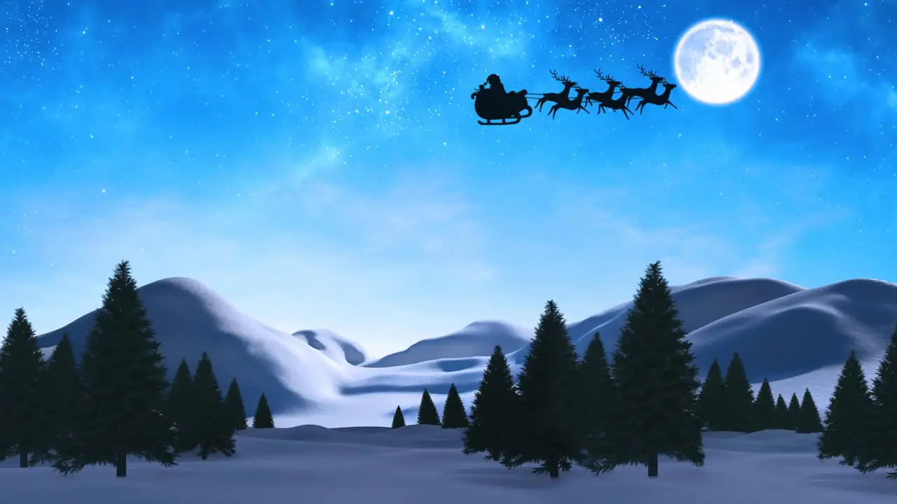 Digital animation of black silhouette of santa claus in sleigh being pulled by reindeers over winter