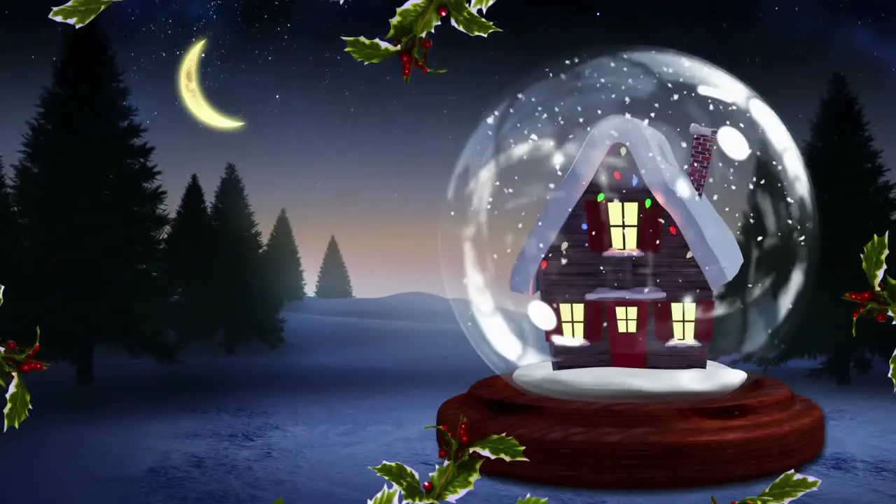 Animation of christmas snow globe with house over winter scenery and crescent moon