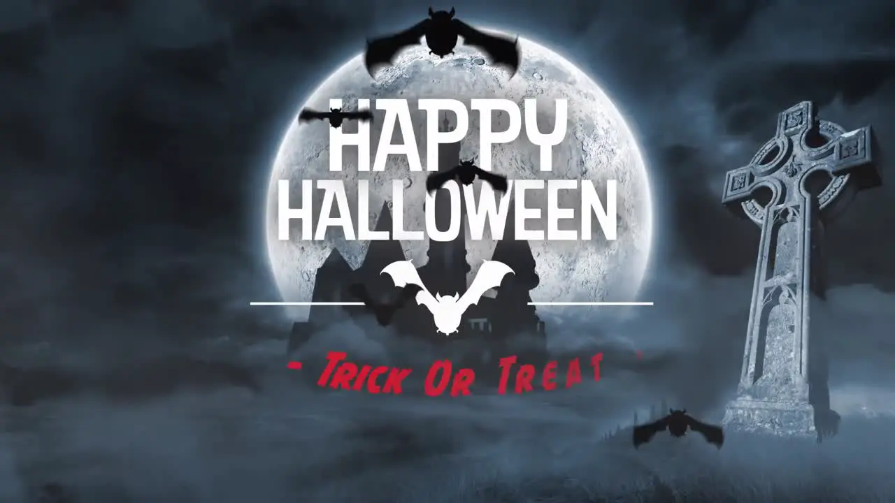 Animation of hallooween text over castle full moon and grave on black background