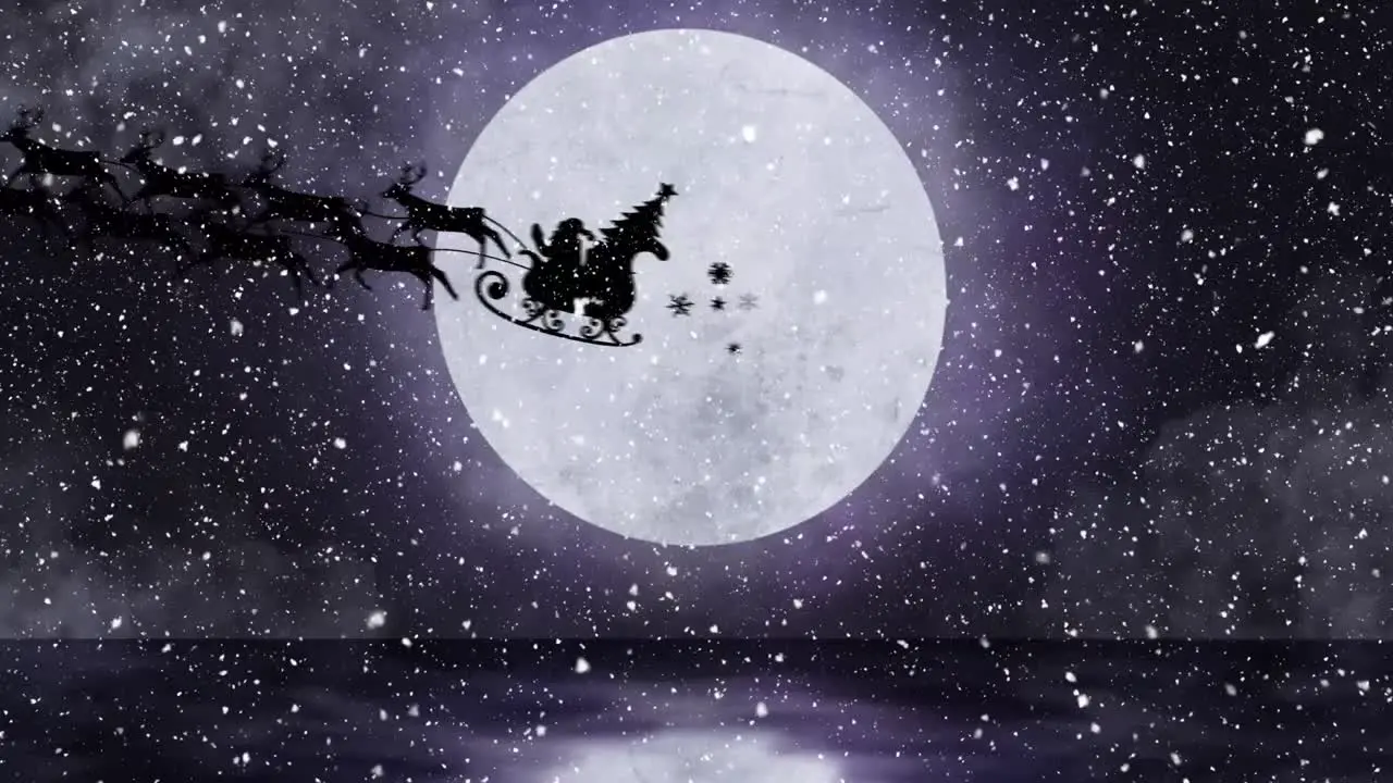 Digital animation of snow falling over silhouette of santa claus in sleigh being pulled by reindeers