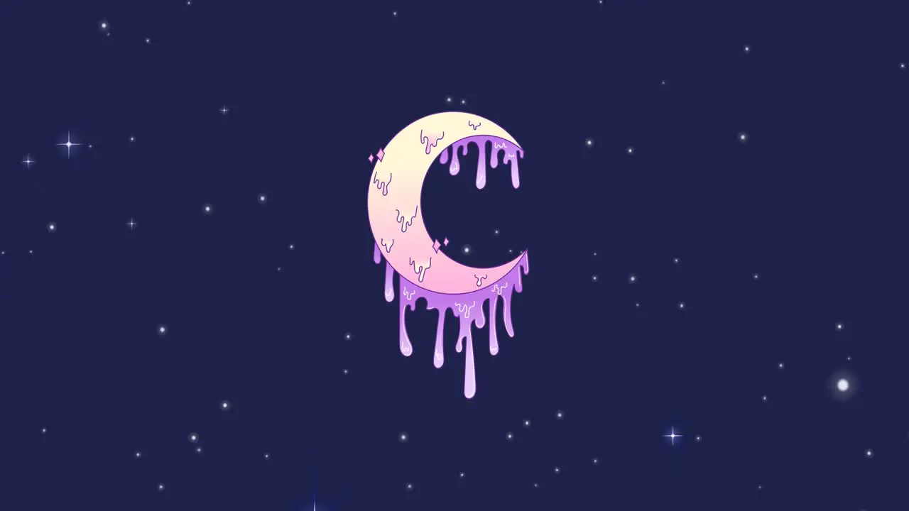 Animation of universe with melting purple crescent moon and stars on blue sky