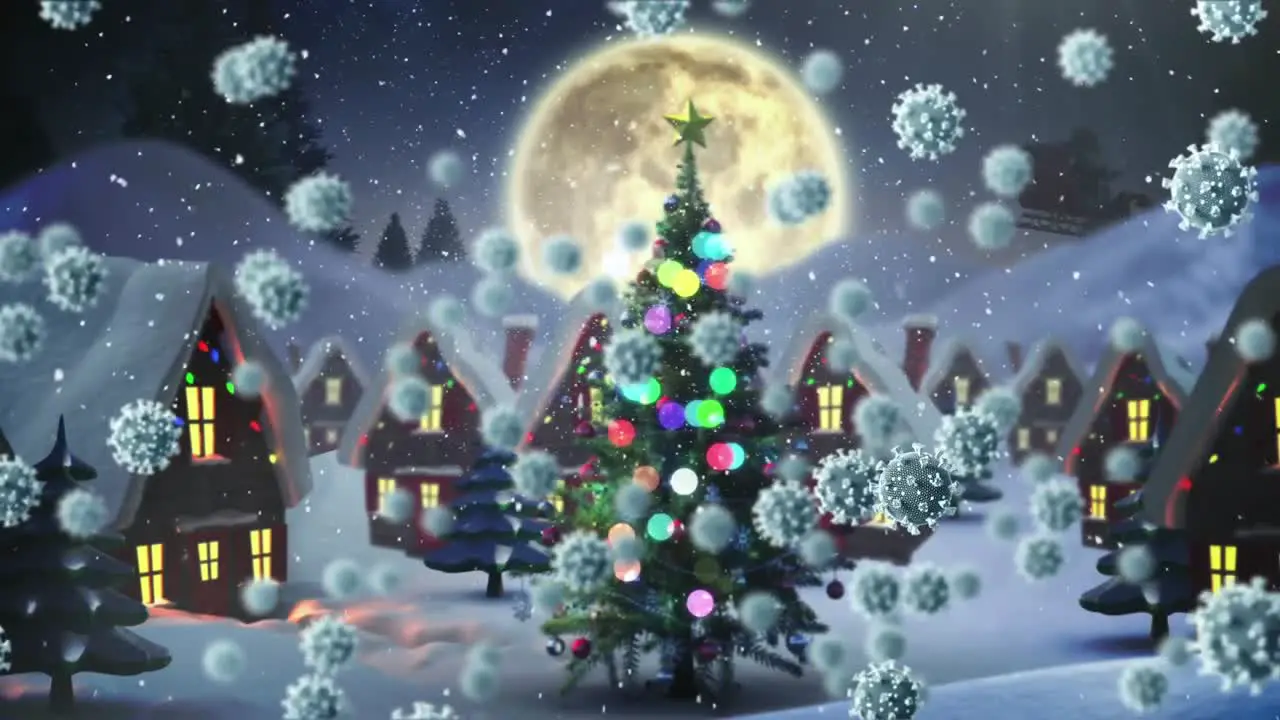 Animation of covid 19 cells moving over winter scenery with fir trees