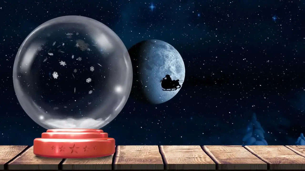 Animation of christmas snow globe over santa claus in sleigh snow falling and full moon